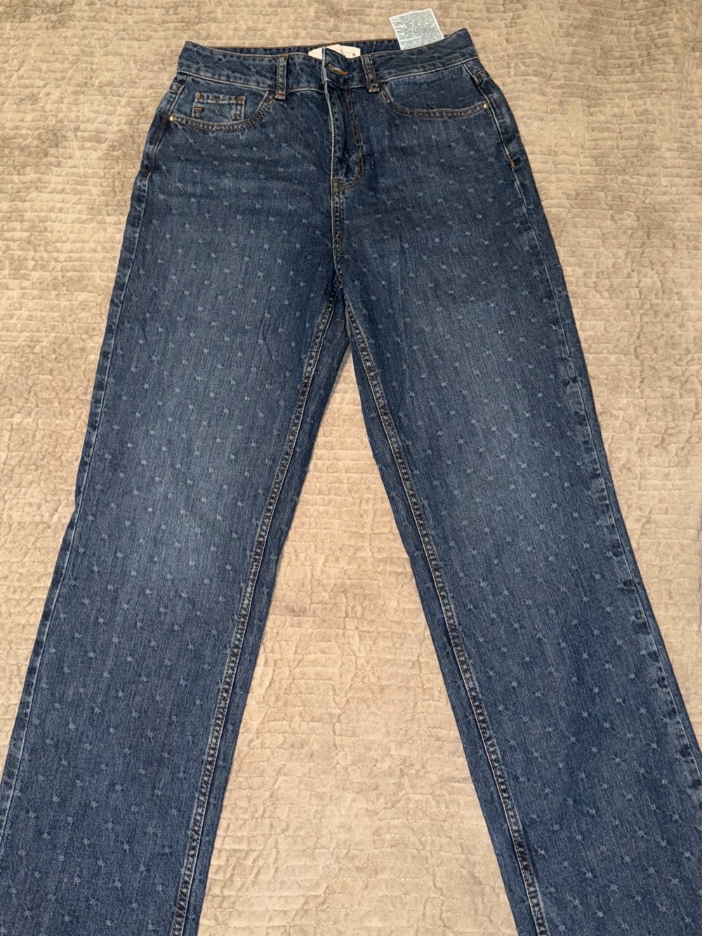 Zara Women's Indigo Dot-Texture Straight Leg Jeans